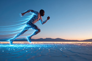 Dynamic runner with glowing light trails at sunset, a Sports & Recreation Photo by AlyaAnd