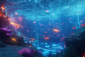 A vibrant underwater scene featuring glowing jellyfish and colorful coral reefs, a Photo by Textures & Backgrounds