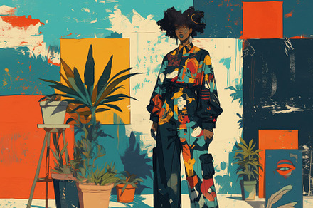 A stylish woman with an afro hairstyle stands against a vibrant, abstract backg, a Wallpaper Graphic by Textures & Backgrounds