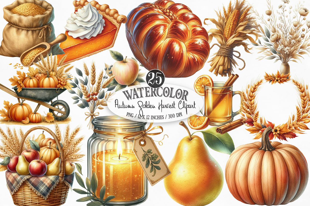 Watercolor Autumn Golden Harvest PNG, an Illustration by Designking (Photo 1 of 4)