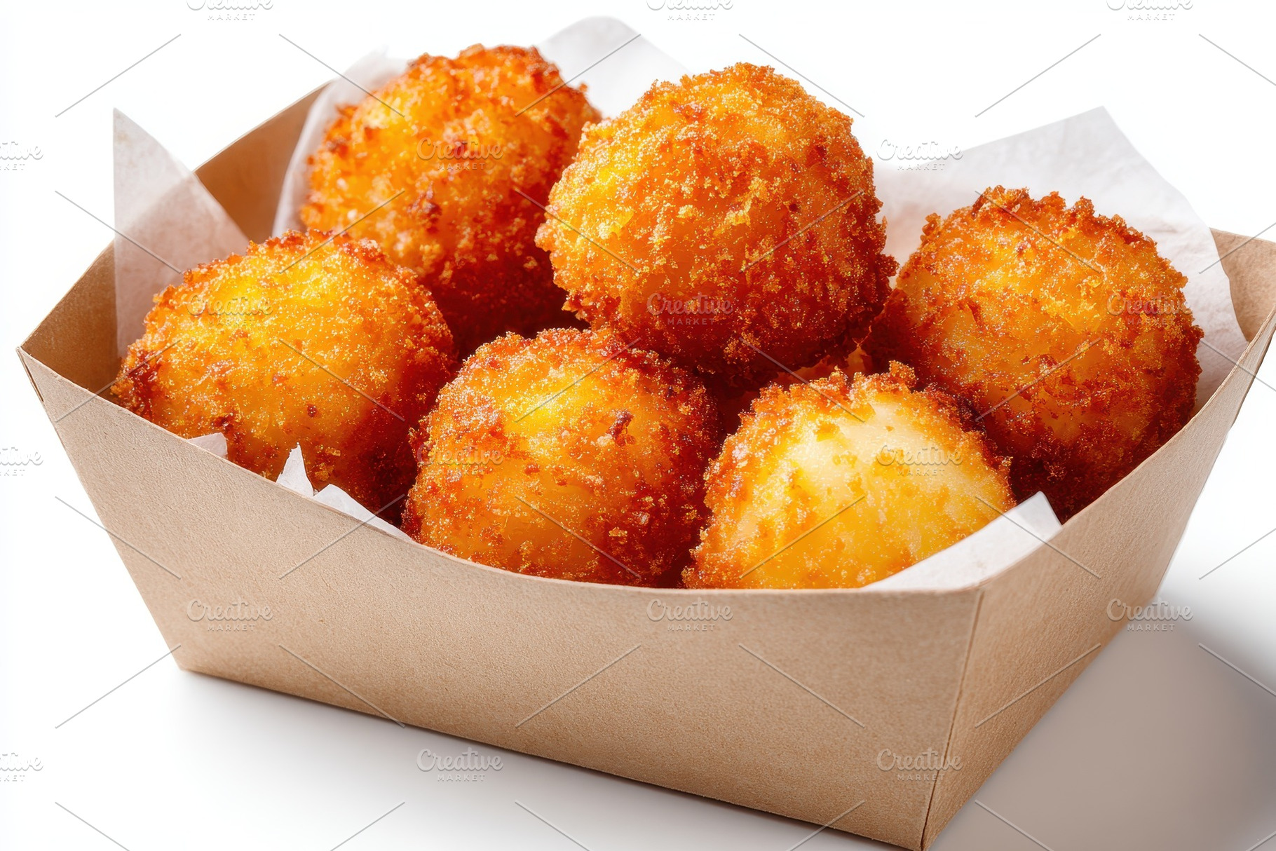 Golden Fried Potato Balls in a Carto, a Photo by Pixeness Studio