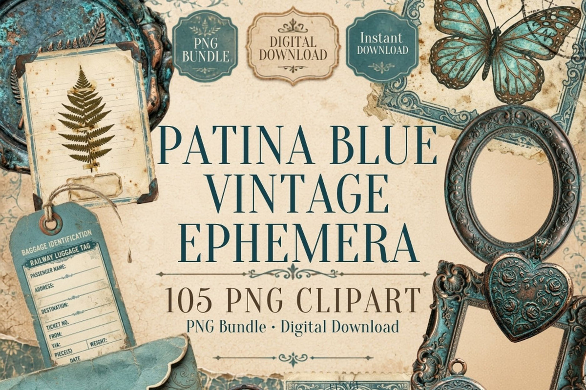 Patina Blue Vintage Ephemera PNG, a Seasonal Illustration by Tanya Kart (Photo 1 of 15)
