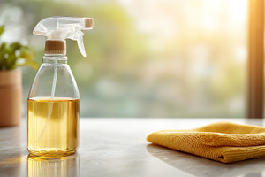 Natural cleaning spray bottle and yellow microfiber cloth on a c, a Beauty & Fashion Photo by José Manuel Gelpi