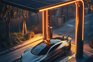 A sleek silver sports car parked at a modern solar-powered charging station, il, a Technology Photo by Textures & Backgrounds