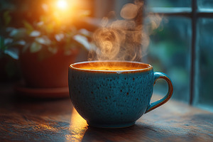 Steaming coffee from blue cup on wooden table, sunlights, a Food & Drink Photo by AlyaAnd