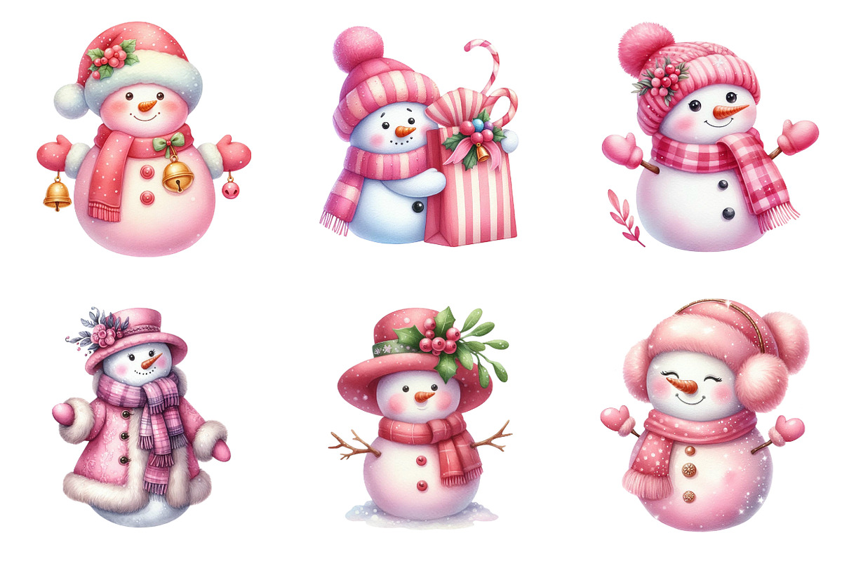 Watercolor Pink Snowman Clipart, an Illustration by SinaCreation (Photo 3 of 7)