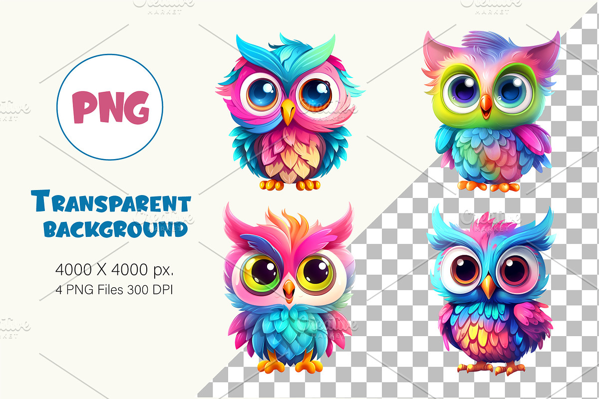 Cute rainbow owls. TShirt Sticker., an Animal Illustration by KENO Mascots (Photo 2 of 7)