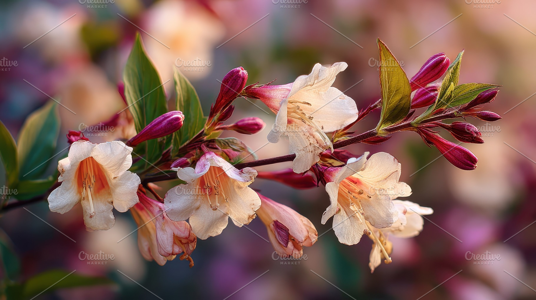 Weigela flowers blooming in sunset l, a Photo by Pixeness Studio