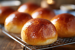 Freshly baked brioche buns with glossy egg wash on cooling rack, a Food & Drink Photo by AlyaAnd