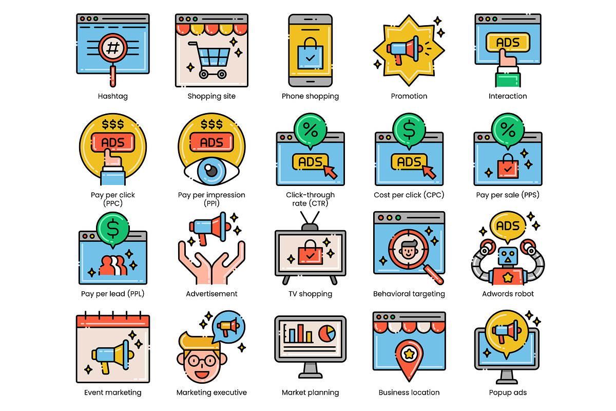 100 Marketing Technology Icons, an Outline Icon by Flat Icons