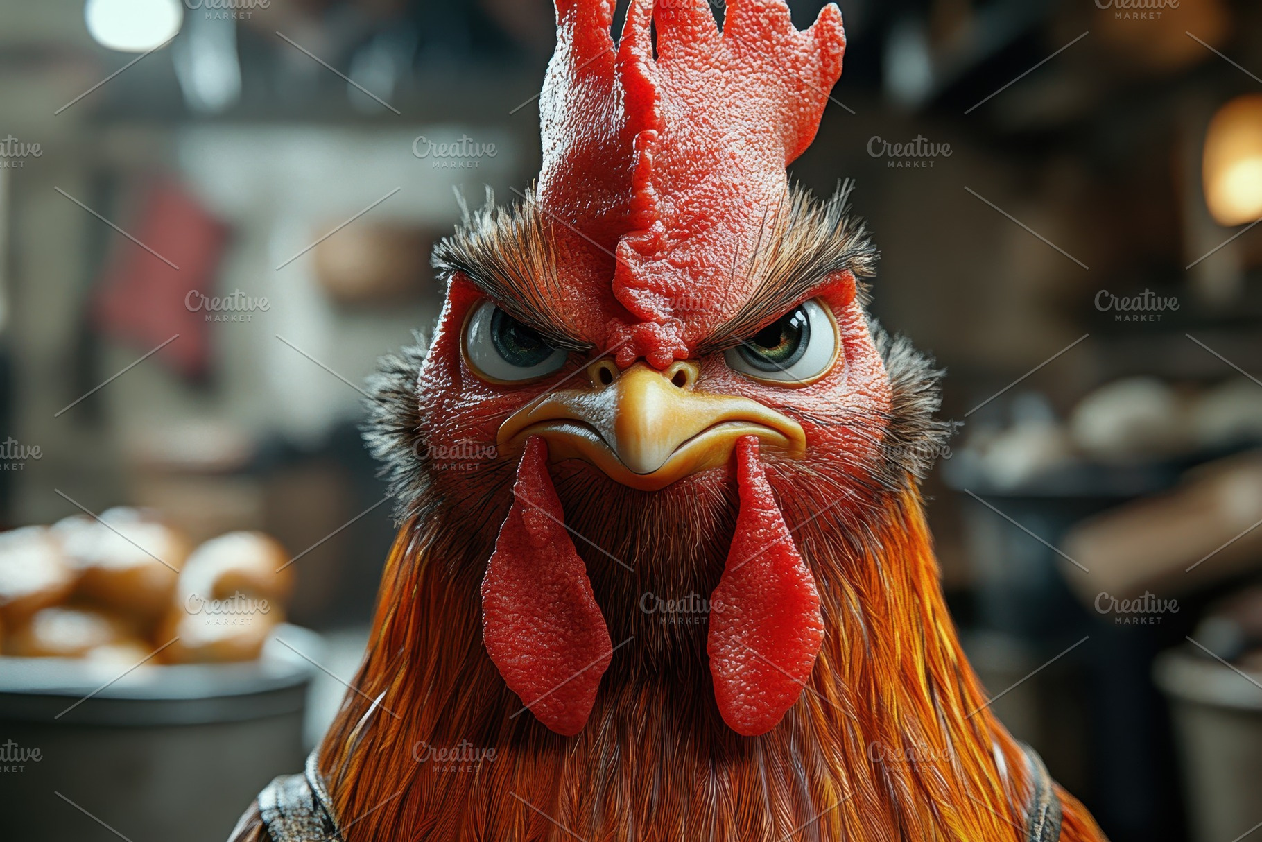 Detailed close-up of a fierce rooste, a Photo by Tanuart