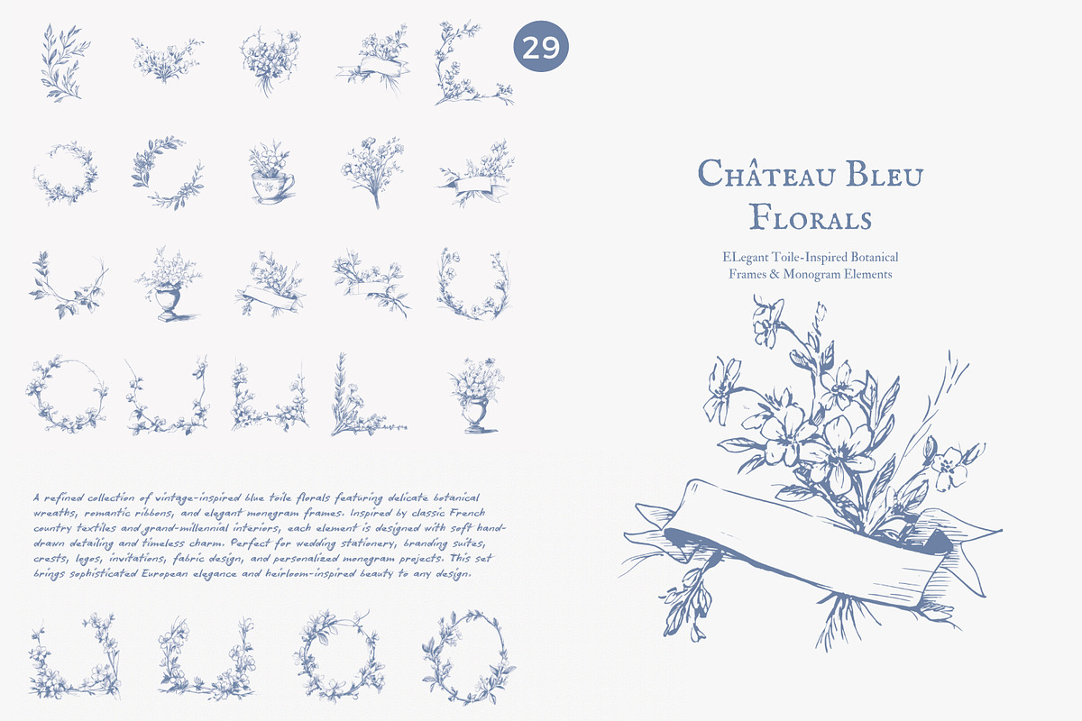 Blue toile floral monogram frames, a Decorative Illustration by Patishop Art (Photo 5 of 9)