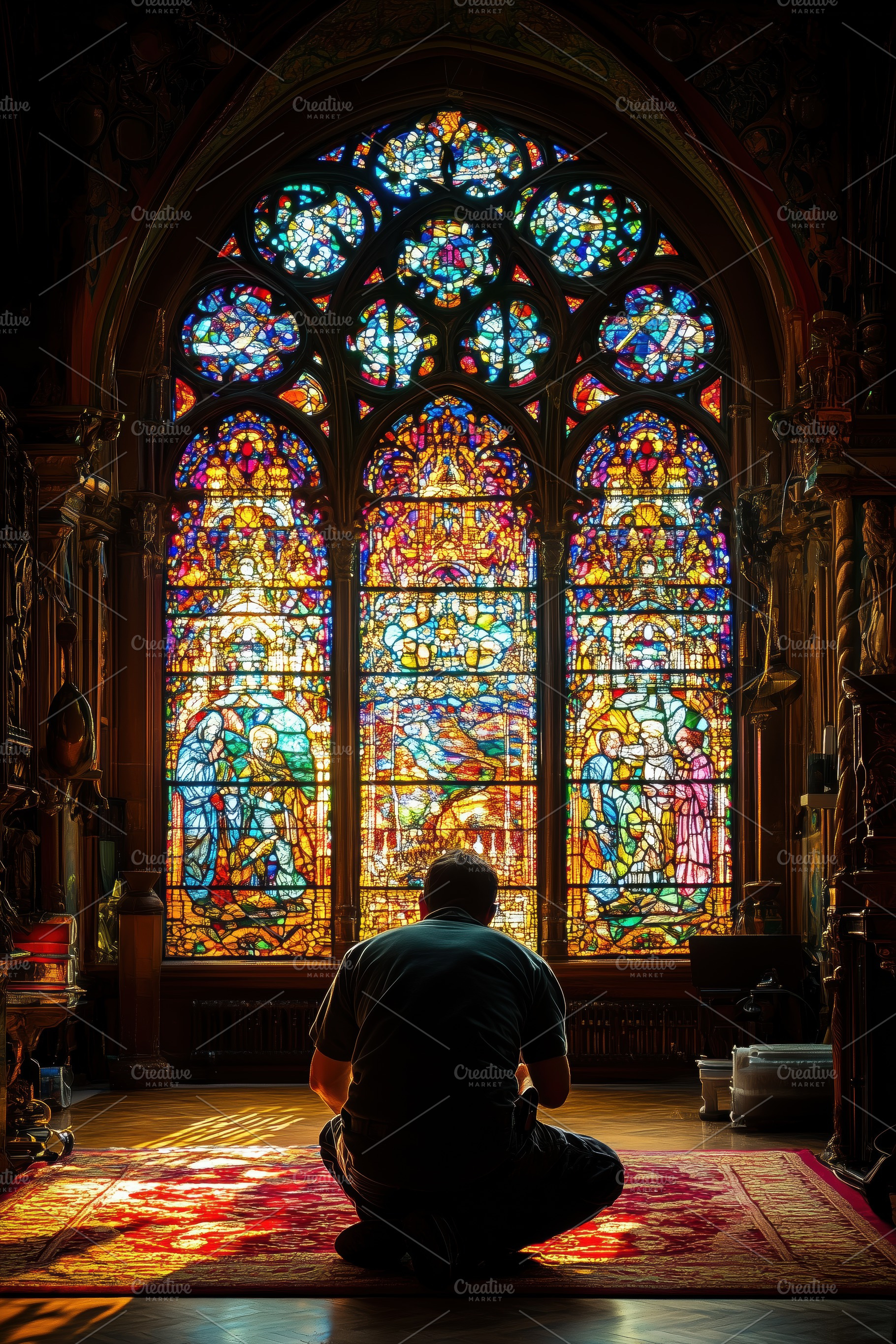 A person kneeling in front of a large, colorful stained glass window inside a c, a Person Photo by Textures & Backgrounds