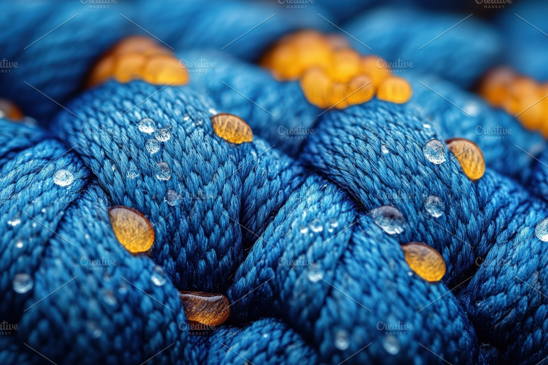 Close-up of blue rope with water dro, a Photo by Tanuart