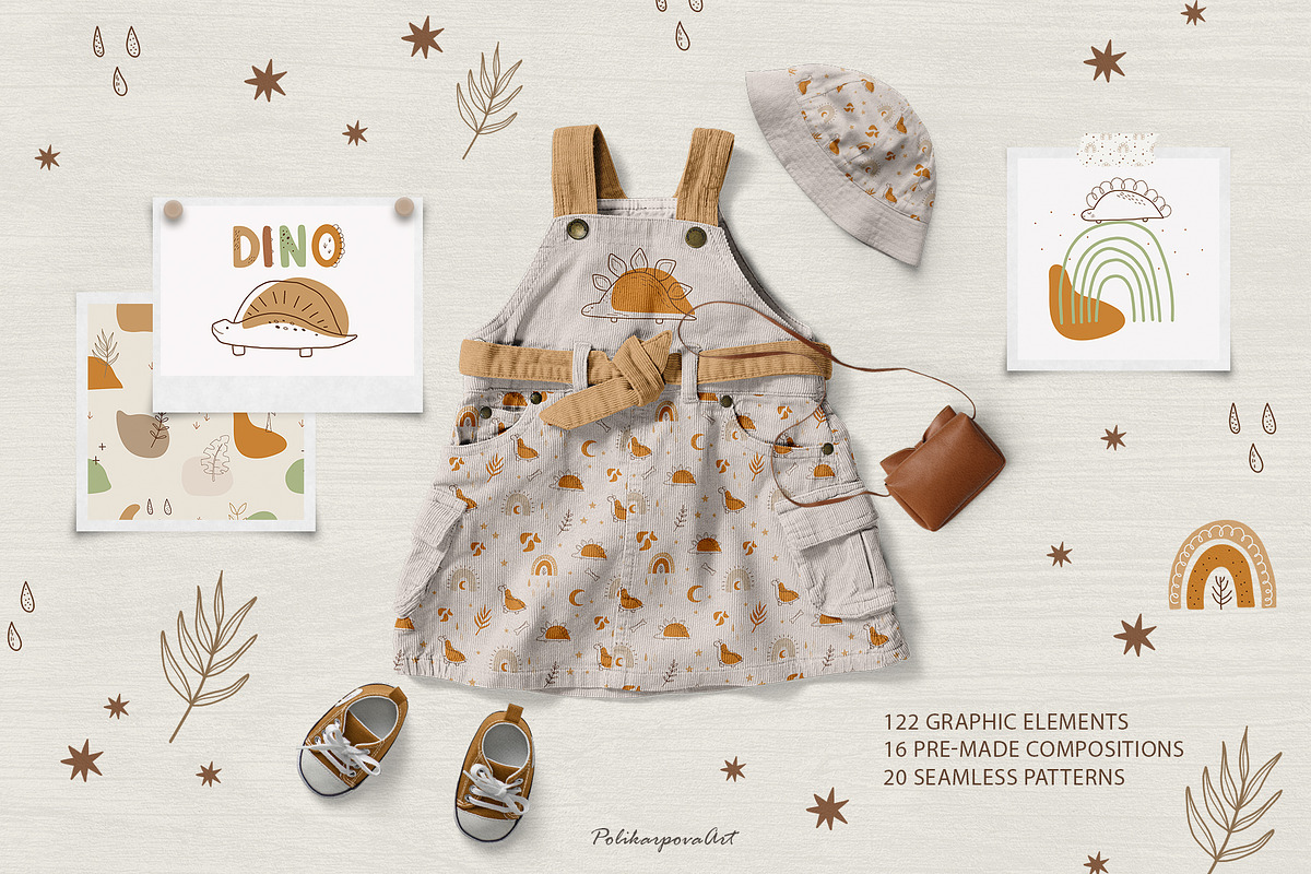 Dinosaur clipart and pattern kids, an Animal Illustration by polikarpovaart (Photo 3 of 12)