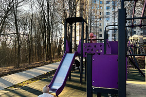 Children playing at a lively urban playground surrounded by trees and buildings, a Photo by AS photostudio