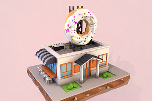 Cartoon Donut Cafe Low Poly 3D Model