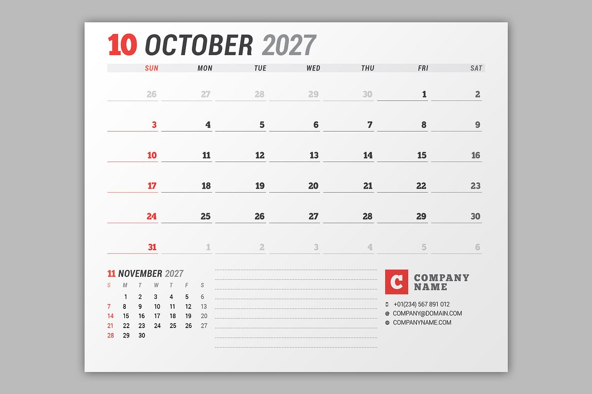 Wall Calendar 2027 (WC037-27-S), a Stationery Template by mikhailmorosin (Photo 6 of 6)