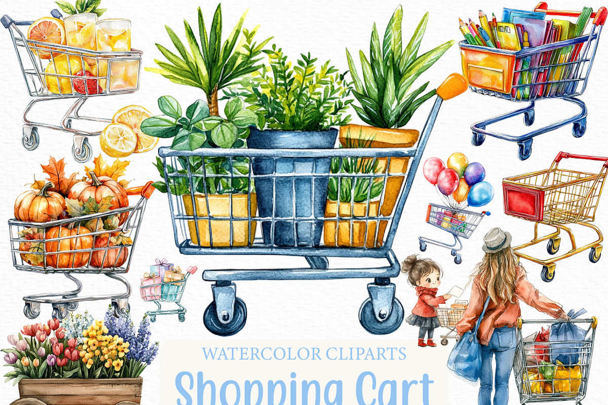 Watercolor Shopping Cart Clipart, an Illustration by Craft Nest (Photo 1 of 6)