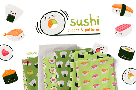 Kawaii sushi. Clipart & patterns