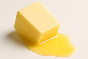 Butter cube melting from tilted side angle with yellow spread, a Food & Drink Photo by GoodGoods