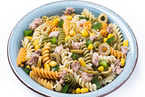 Pasta salad with tuna, corn and olives in bowl, a Food & Drink Photo by etorres69