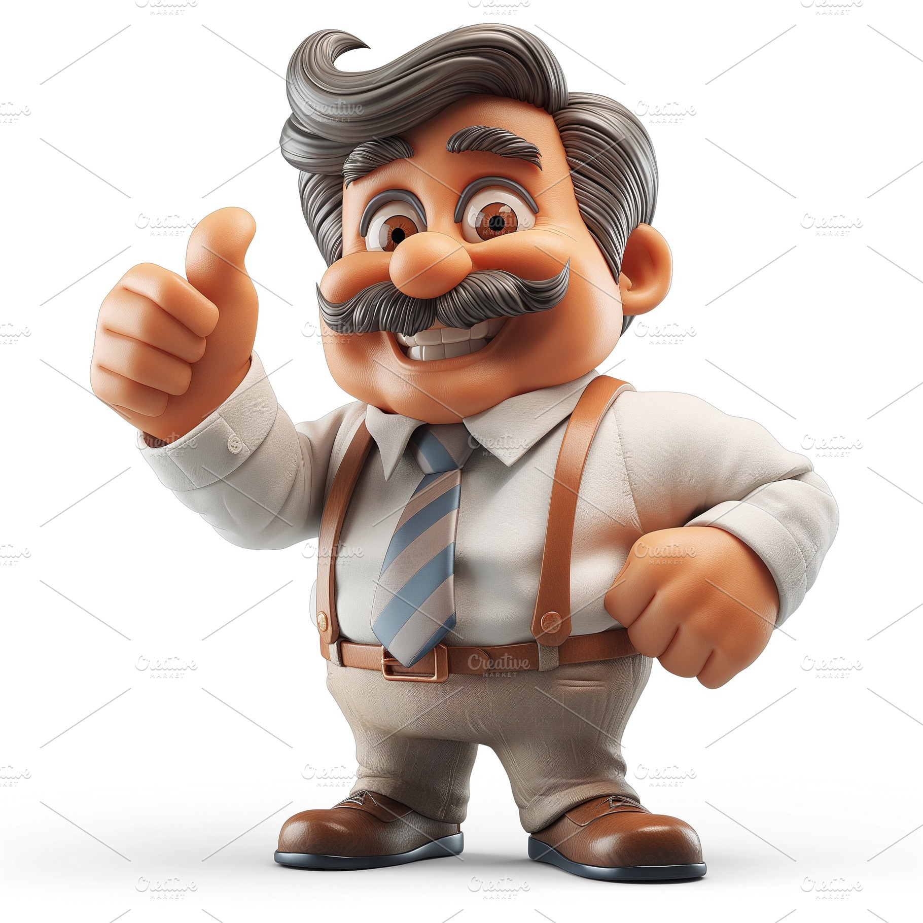 Cheerful animated businessman with a mustache, wearing a shirt and suspenders,, a Person Photo by ImageMir