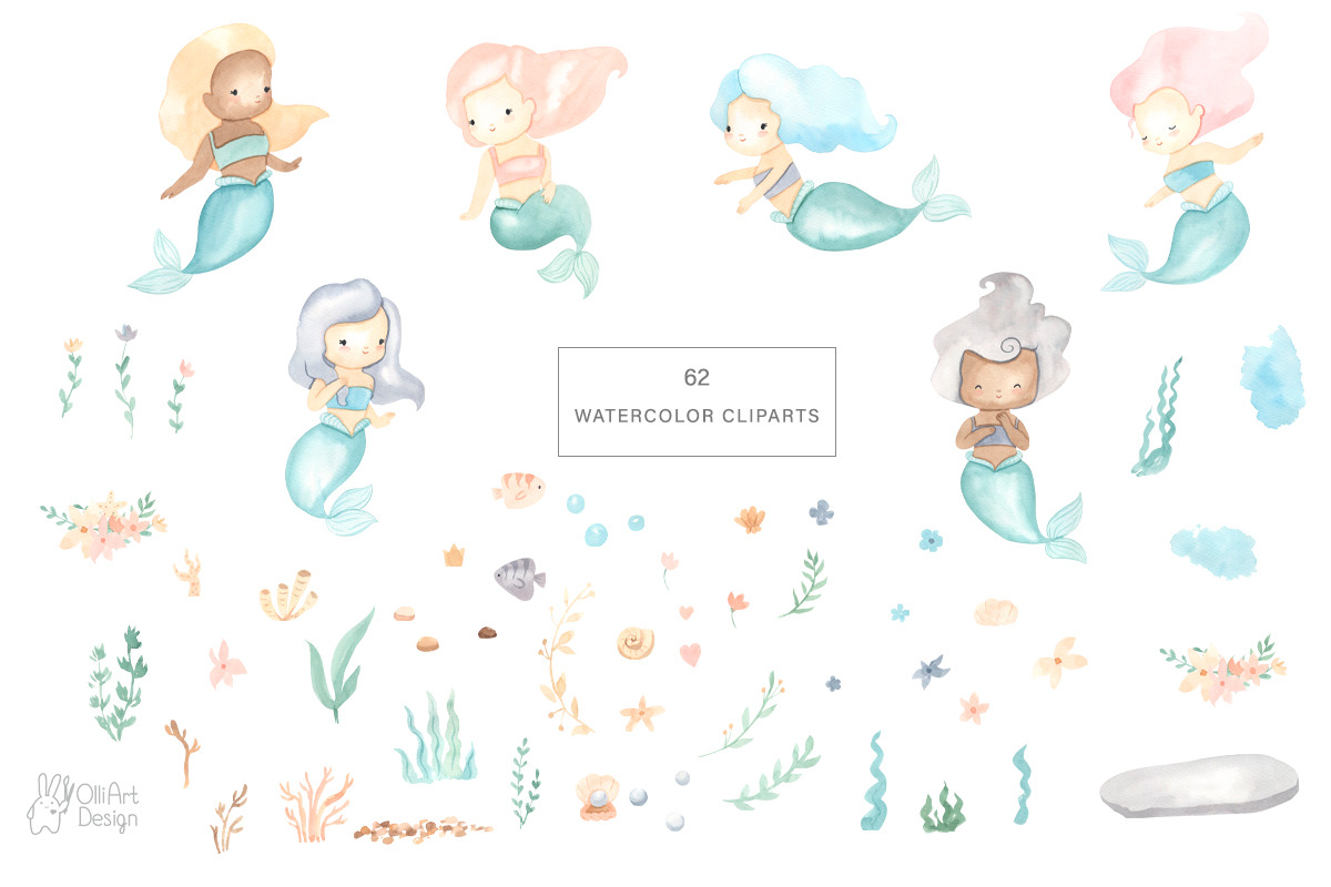 MERMAIDS clipart. Watercolor, an Illustration by OlliArtDesign (Photo 2 of 6)