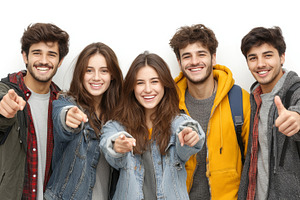 Group of happy and diverse students smiling and pointing at the camera, a Photo by AS photostudio
