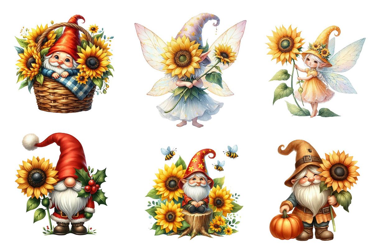 Watercolor Sunflower Gnomes Clipart, an Illustration by CreationArt (Photo 4 of 5)