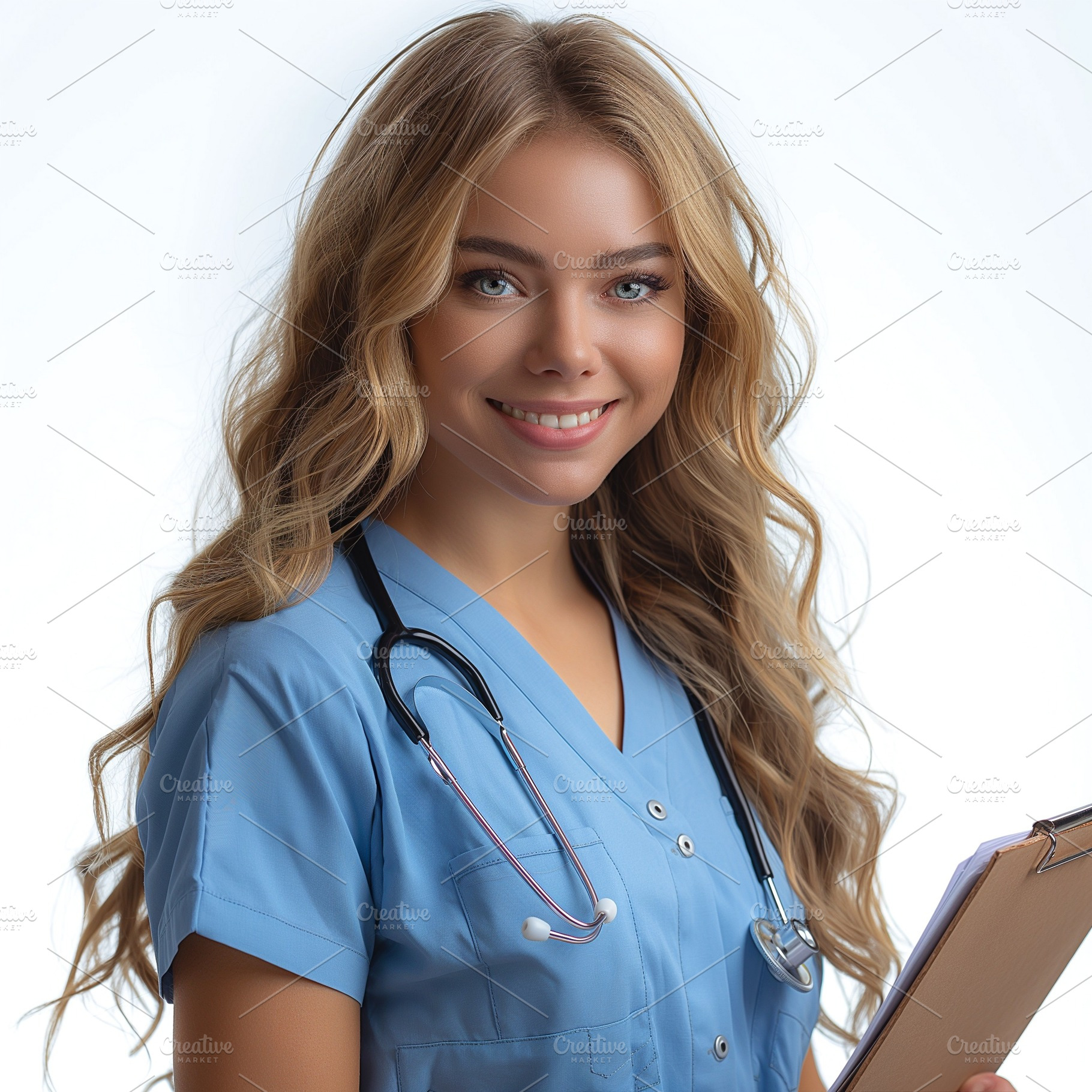Smiling young Caucasian female healthcare professional with stethoscope and cli, a Person Photo by ImageMir