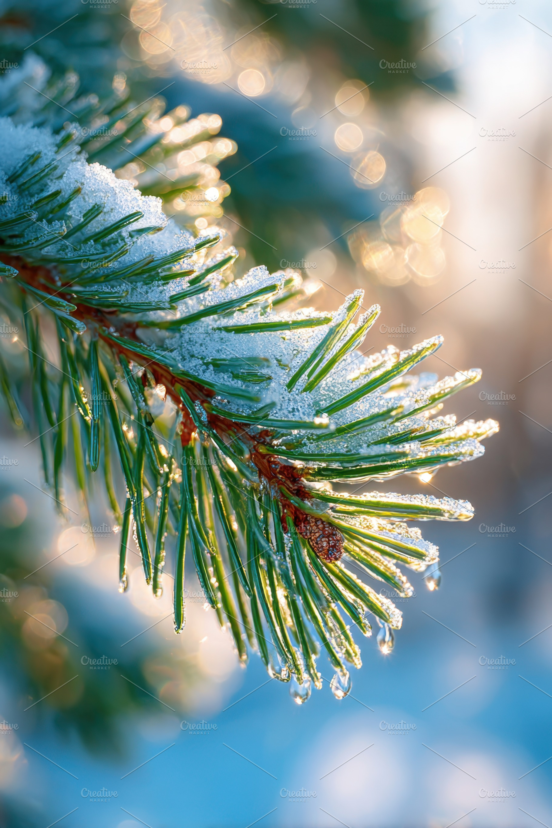 Snow-covered pine branch with icicles, a Nature Photo by AlyaAnd