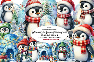 Watercolor Igloo Penguin Collection