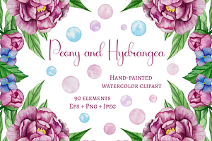 Peony and Hydrangea Clipart, a Decorative Illustration by Milla_Zelenyuk_art