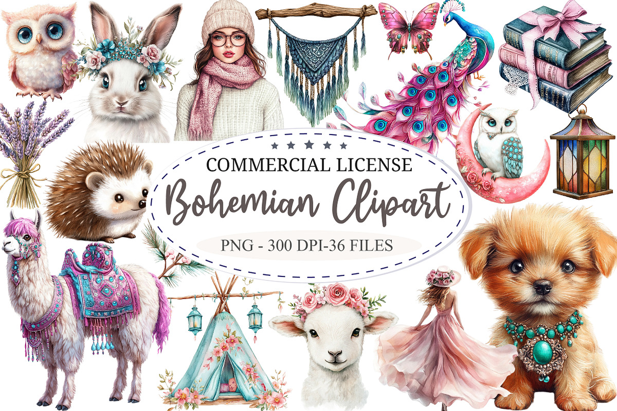 Watercolor Bohemian Clipart Bundle, a Seasonal Illustration by designcity5 (Photo 1 of 5)