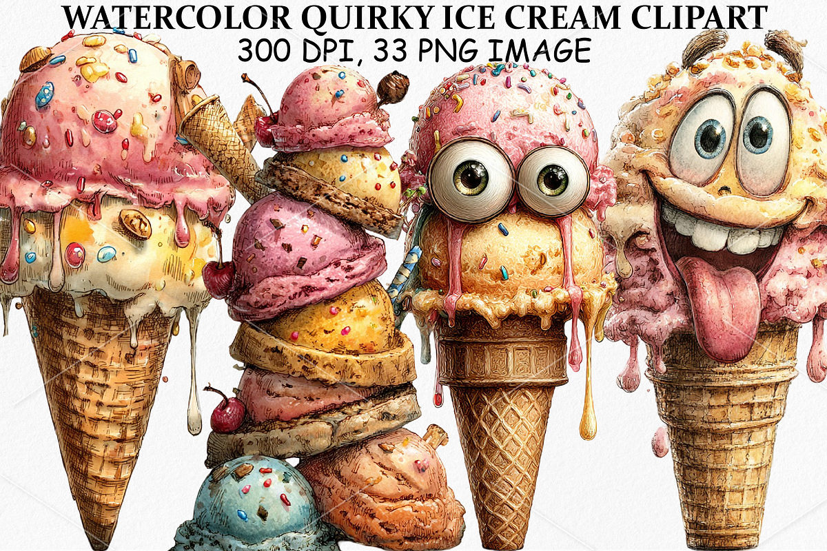 Watercolor Quirky Ice Cream Clipart, a Seasonal Illustration by Canvas Craft (Photo 1 of 5)