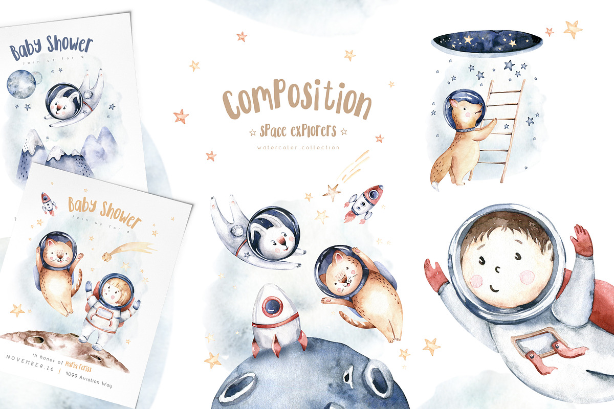 Watercolor space explorers. Kids set, an Animal Illustration by Peace ART (Photo 12 of 19)
