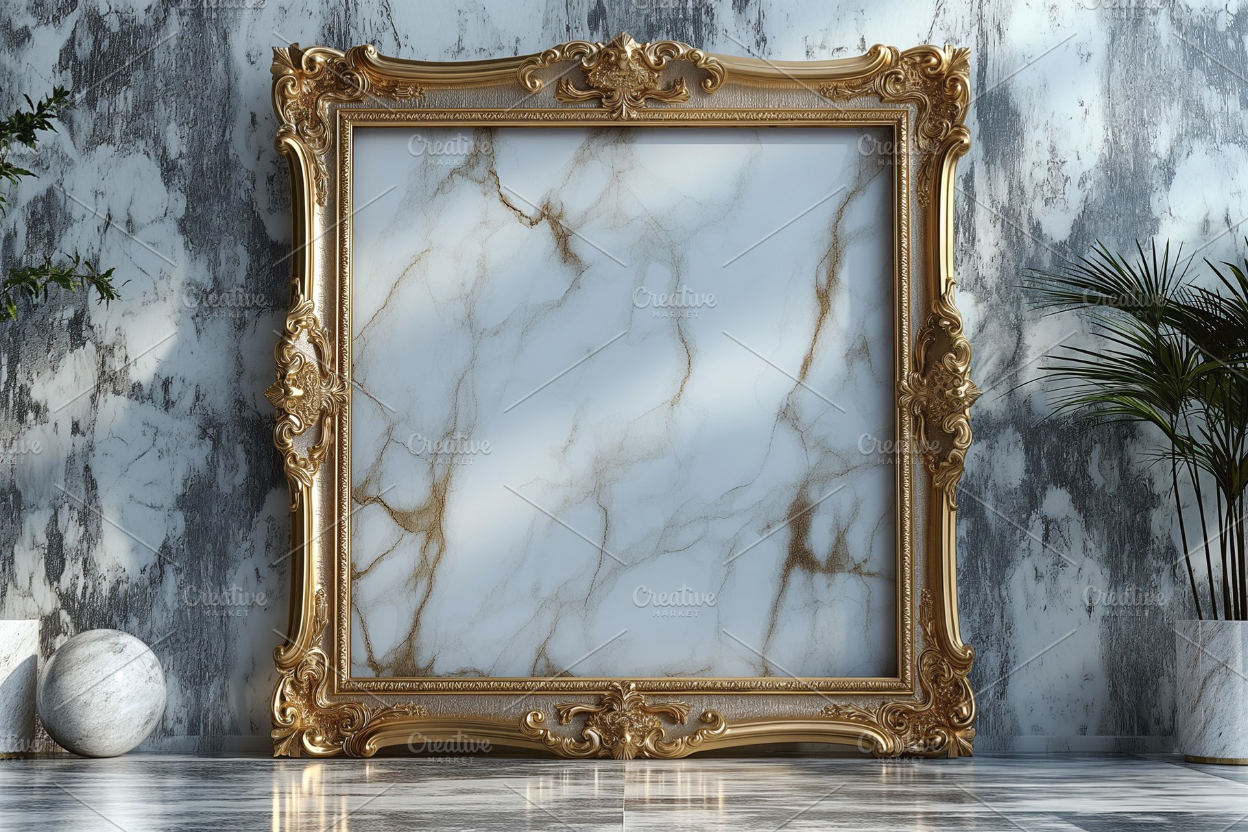 A luxurious gold-framed mirror sits against a marble wall, exuding elegance and, a Business Photo by ImageMir