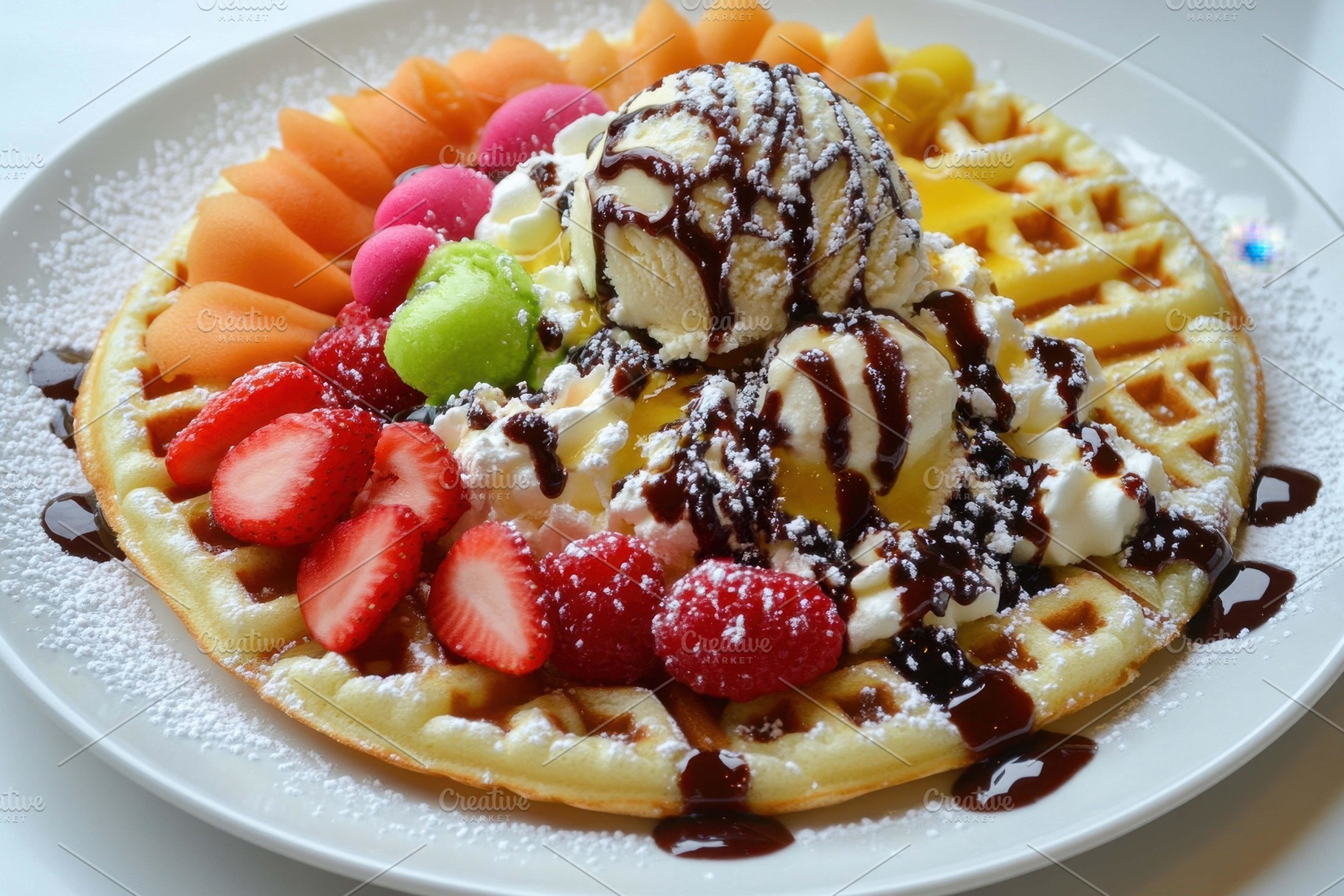 Delicious waffle topped with ice cre, a Photo by Tanuart