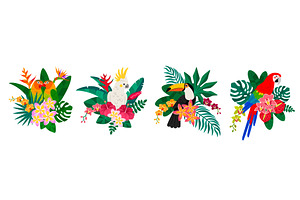 Parrots sitting in tropical leaves
