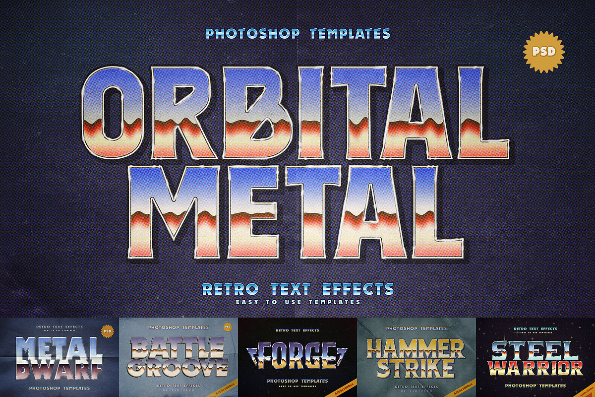 Retro Sci-Fi Metal Text Effects, a Layer Style Add-On by Andrew Skoch Design (Photo 1 of 9)