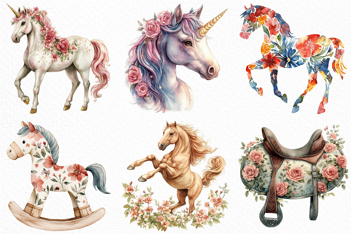Watercolor Floral Horse Clipart, an Illustration by Craft Nest (Photo 4 of 6)