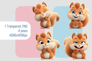 Set of 3d Cartoon Squirrels PNG, an Animal Illustration by Ocean Digital Art