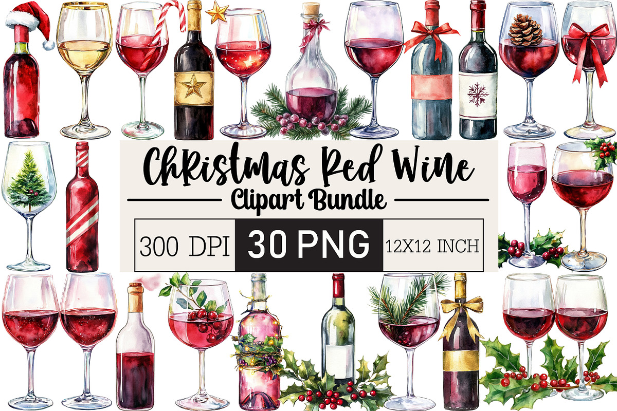 Christmas Red Wine Clipart, an Illustration by Black Bird Studio (Photo 1 of 6)