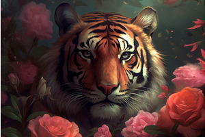 Tiger Head Roses Art. Generate Ai