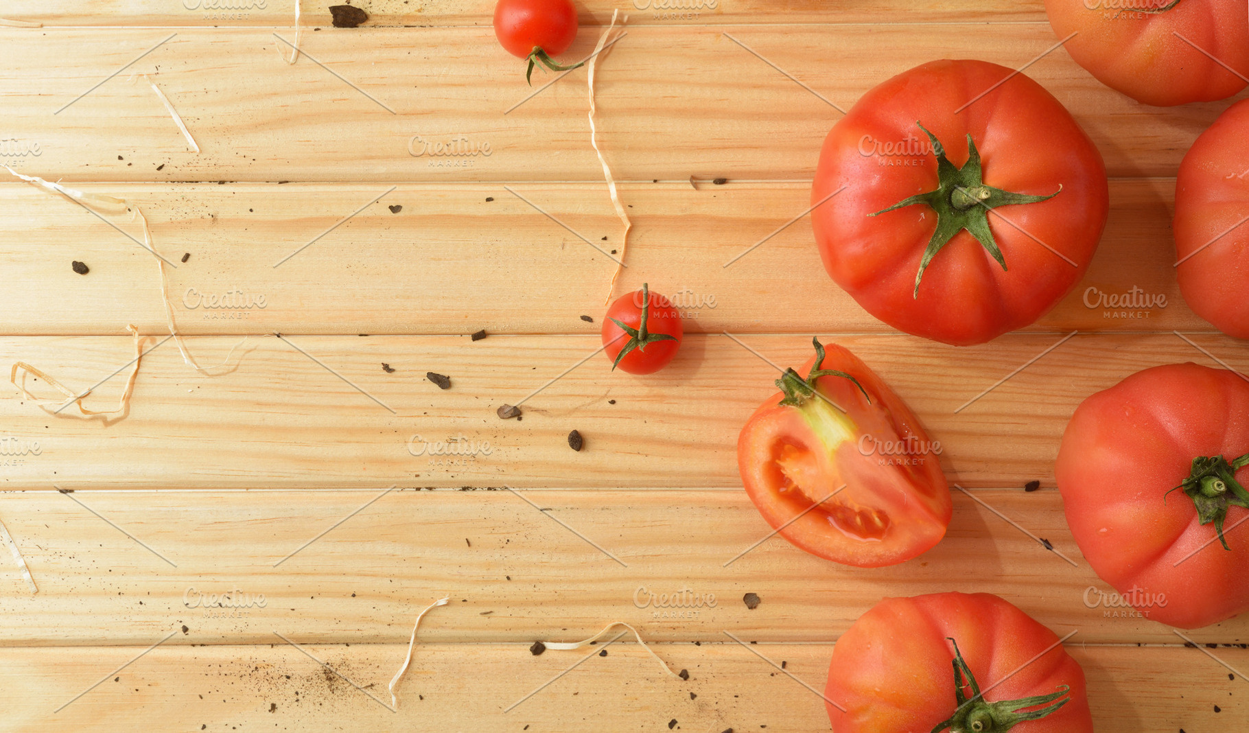 Sparse Tomato Arrangement on a Light Wooden Table, a Food & Drink Photo by Davizro's Market