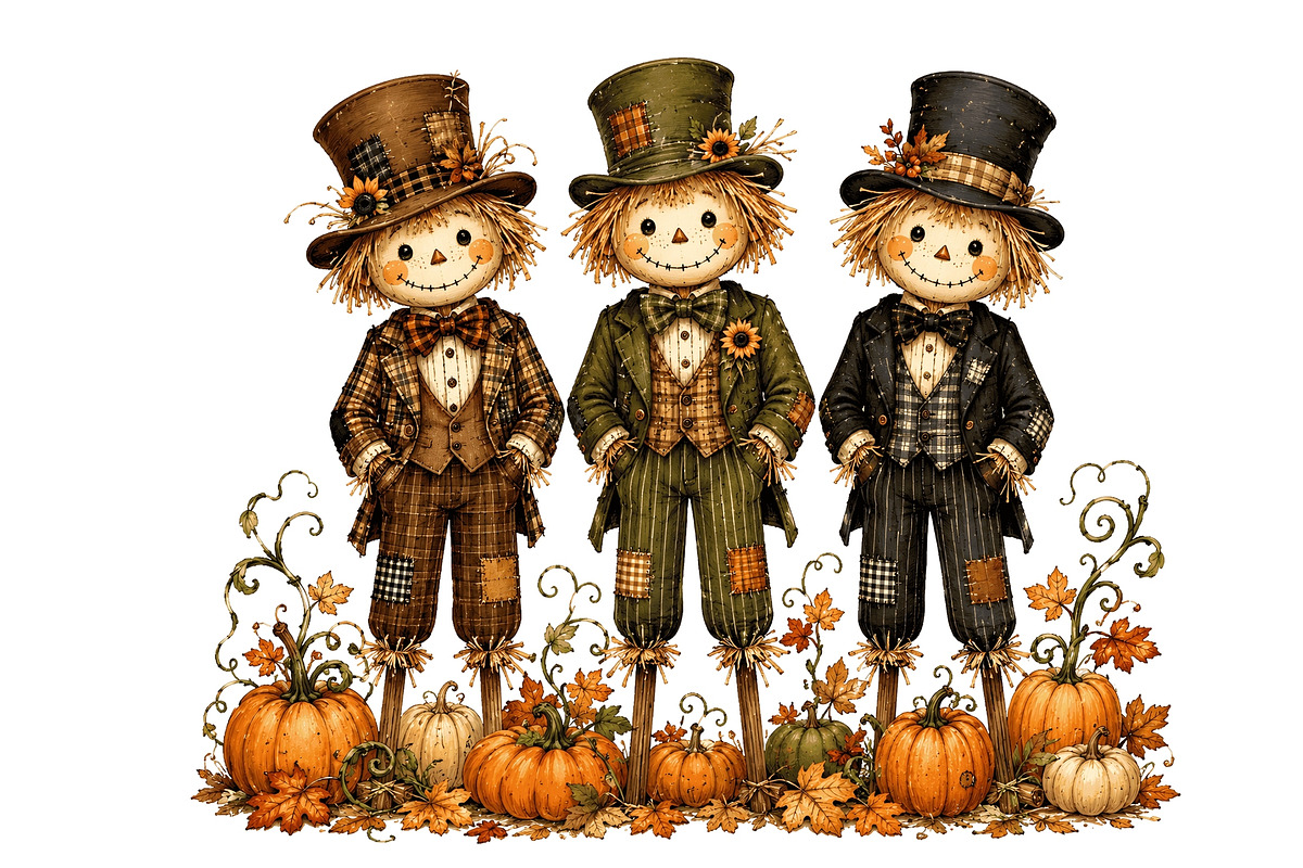 Trio Scarecrow PNG Clipart Bundle, a Seasonal Illustration by Nicolle's Colorful Art (Photo 8 of 8)