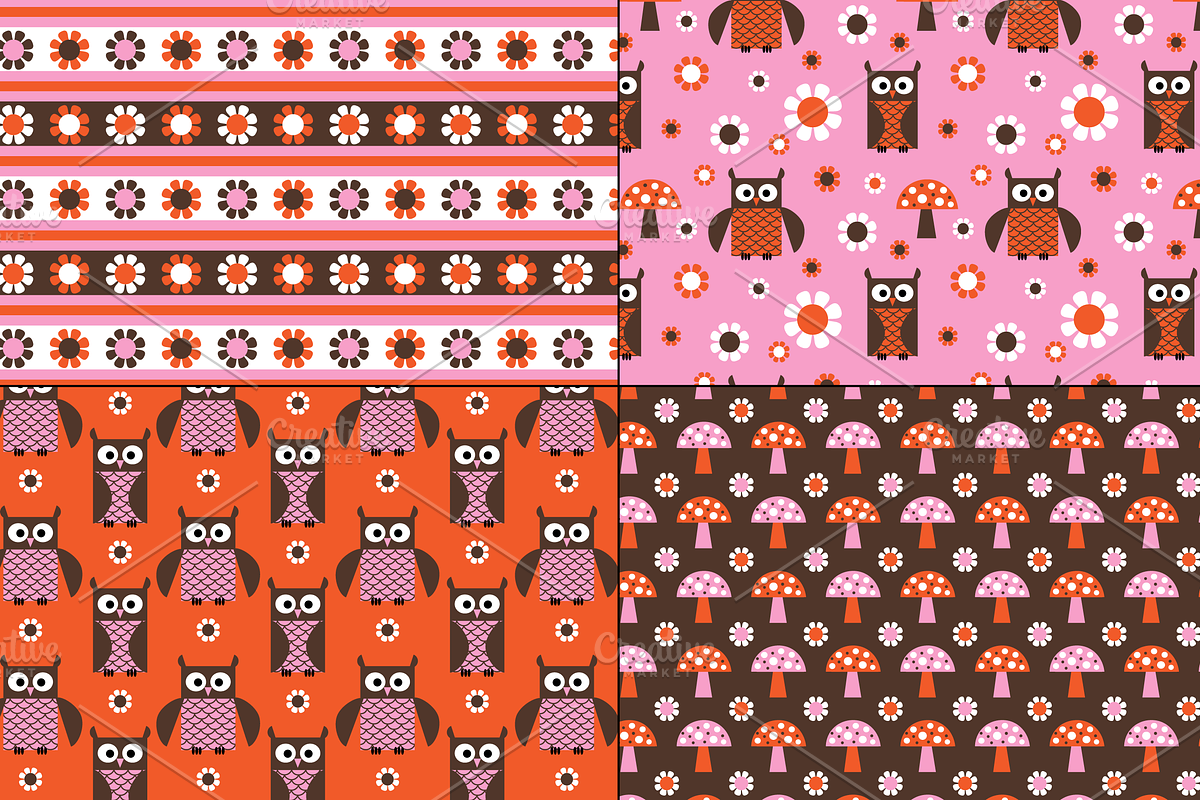 Mushroom & Owl Patterns: Pink Orange preview 3
