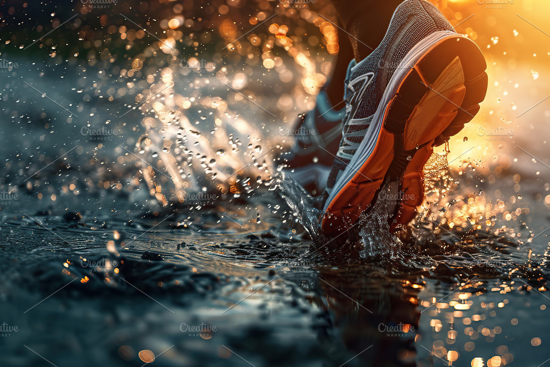 Runner running in a rain and splashes from puddle, a Photo by AlyaAnd