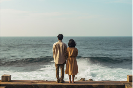 Observational Asian couple watch sea, a Person Photo by Ylivdesign